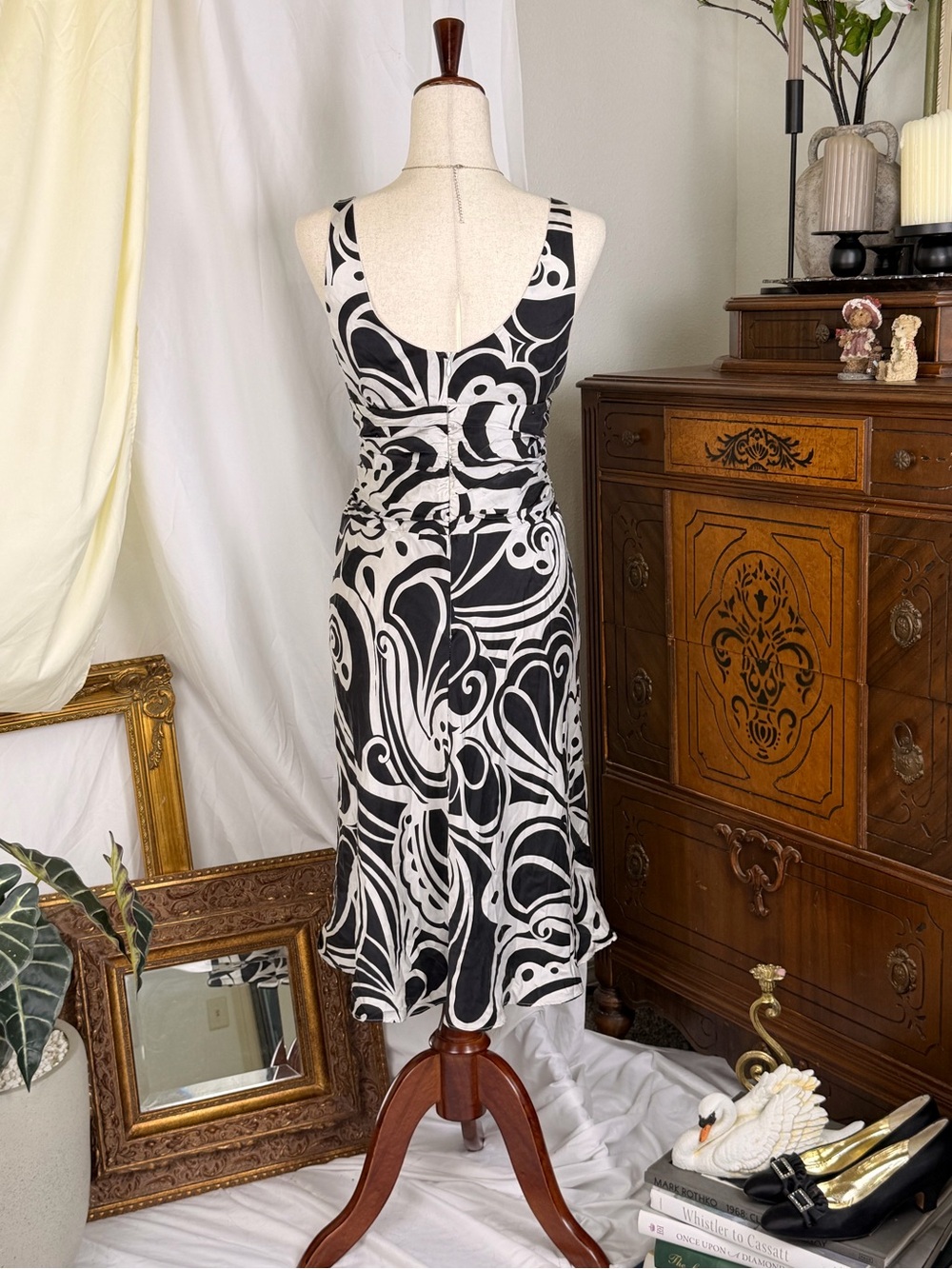 Vintage Silk Mica Black & White Swirl V-Neck Midi Dress - Y2K Goth Sleevless - Picture 3 of 8